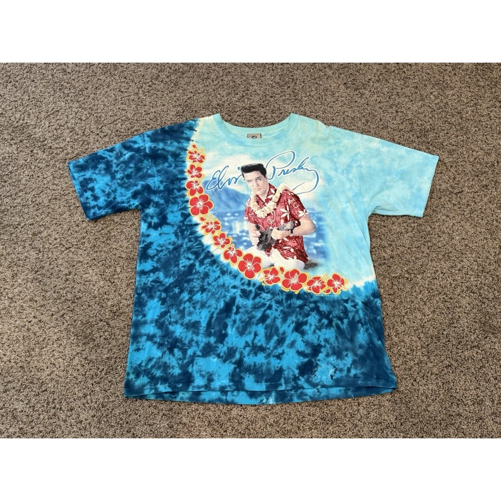 Vintage Liquid Blue Elvis Presley Tie Dye Shirt Mens 2XL XXL Blue Floral Flowers